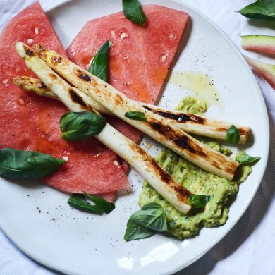 avocado-watermelon-grilled-asparagus-basil-carpaccio