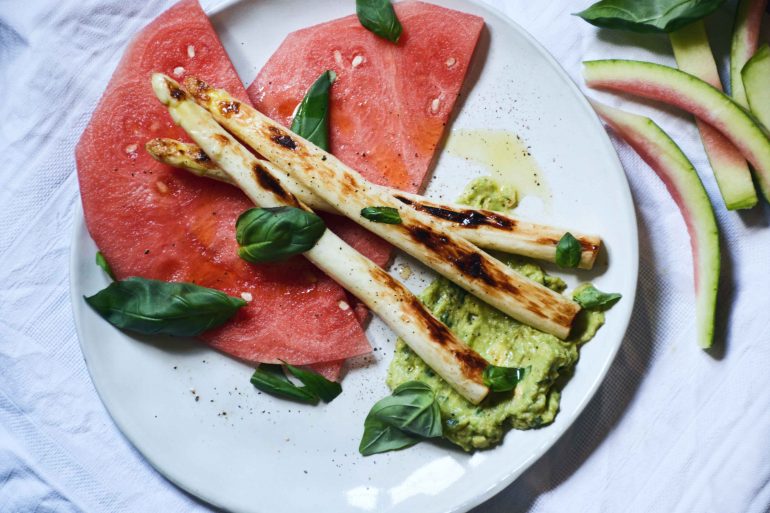 avocado-watermelon-grilled-asparagus-basil-carpaccio