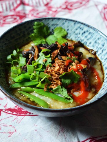 white-rice-congee-mushrooms-sugar-snaps-kimchi