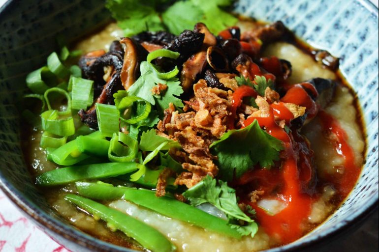 white-rice-congee-mushrooms-sugar-snaps-kimchi