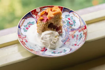 One slice of half-eaten rhubarb lemon rose semolina cake on a colorful plate, on a window ledge, with a scoop of cardamom ice cream.