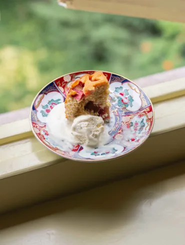 One slice of half-eaten rhubarb lemon rose semolina cake on a colorful plate, on a window ledge, with a scoop of cardamom ice cream.