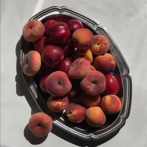 silver tray with different types of peaches