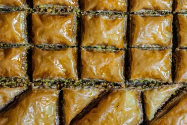 Overhead shot of two different types of baklava